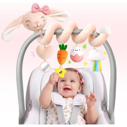 Stuffed Pink Bunny Spiral Car Seat Toys for Baby Girls 0-6 Months, Infant Stroller Toy with Plush Carrot & Star Teether Hanging, Baby Registry Search & Shower Gifts for Newborn Girls