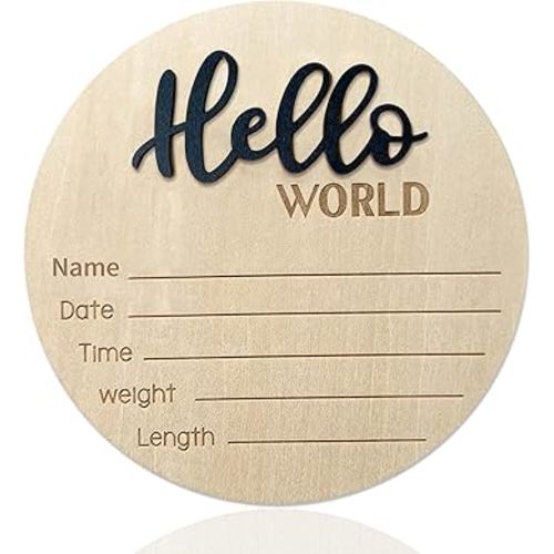 Baby Announcement Sign, 5.9 Inch Wooden Hello World Newborn Signs, Birth Announcement Sign, Baby Shower Hospital Nursery for Newborn Boys and Girls… (Black)