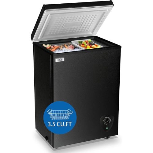 Chest Freezer 3.5 cu.ft Small Deep Freezer Mini Outdoor Black Chest Freezers with 7 Temperature and Removable Basket Settings Ideal for Apartment Office RV Cabin Kitchen