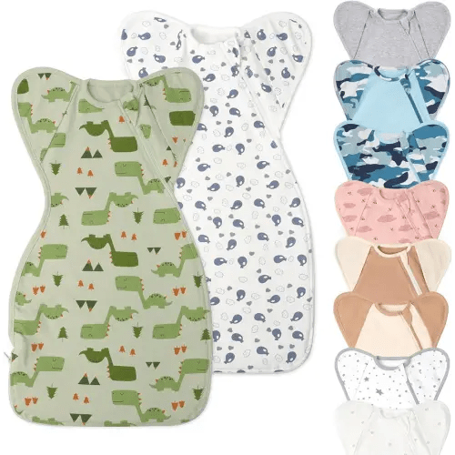 Swaddle Blanket Sleep Sack with Arms Up Design 2 Packs, Hands Up Sleeping Sack 3-Way Transitions to Arms-Free Wearable Sleeping Bag for Newborn Baby Boys Girls Snug Fit Calms Startle Reflex