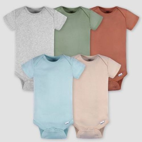 Gerber Baby 5pk Short Sleeve Onesie - 18M: Cotton Knit Bodysuits, Pullover, Crotch Snap