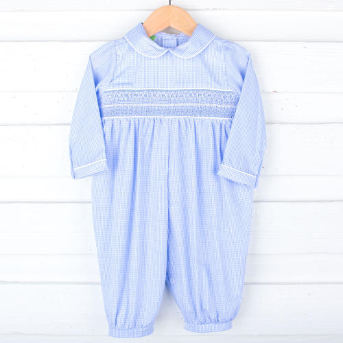 Light Blue Geo Smocked Gingham Romper