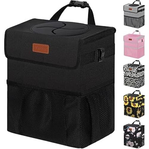 Car Trash Can Bin with Lid Hanging for Back Seat, Car Accessories for Women Men Leak Proof Automotive Garbage Cans Leakproof Vehicle Trash Can for Truck SUV Black