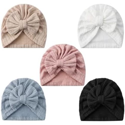 5 PCS Baby Hair Bow Hats, Baby Turban for Baby Girls, Toddler Hat with Bows for Girls, Infant Caps