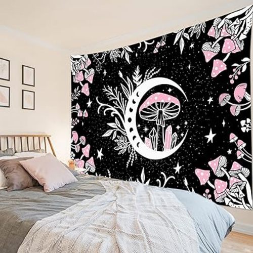 LB Mushroom Tapestry Wall Hanging Pink Mushroom and Star Moon on Black Background Country Plant Wall Tapestry for Bedroom Aesthetic Vintage Tapestry for Living Room College Dorm Decor,92Wx70H inch