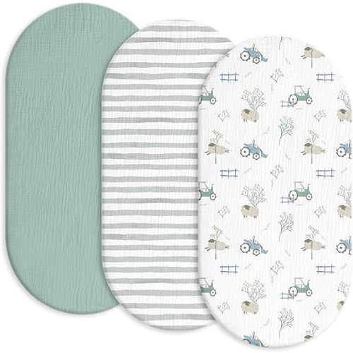 Gllquen Baby Muslin Bassinet Sheets 3 Pack, Breathable Elastic Cozy Fitted Cotton Bassinet Mattress Sheet for Baby Boy Girls, Fit for Hourglass Oval Rectangular Cradle Pad Sheets 33"x17" (Blue)