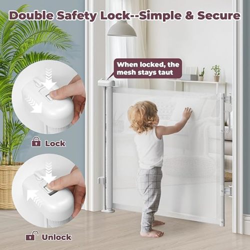Retractable Baby Gate for Stairs, 55" Wide Mesh Dog Gate Indoor, 34'' Tall Child Gate for Doorways, Hallways, Deck, Indoor Outdoor Pet Baby Safety Essentials for Home, White