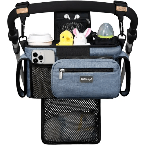 TOPDesign Universal Baby Stroller Organizer, Stroller Caddy with Detachable Mesh Bag & Heightened Insulated Cup Holders & Non-Slip Secure Hooks Accessories, Fits Most Strollers (Blue)