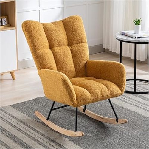 Rocking Chair Nursery, Soft Teddy Velvet Fabric Rocking Chair for Nursery, Comfy Wingback Glider Rocker with Safe Solid Wood Base for Living Room Bedroom Balcony (Yellow)