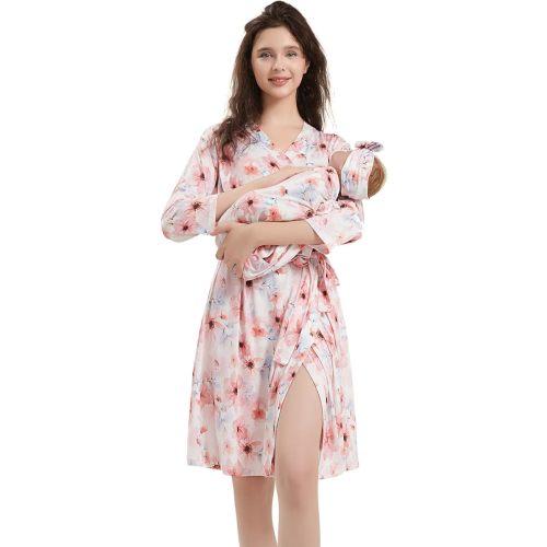 Galabloomer Maternity Robe and Baby Receiving Blanket, Matching Mommy Labor Delivery Robe and Swaddle Set (l, pink blue)