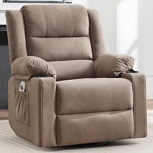 Swivel Rocking Recliner Chair with Massage and Heat,Oversized Rocker Recliner for Adults, Upholstered Fabric Reclining Single Sofa Chair for Living Room,Nursery (Mocha Fabric)