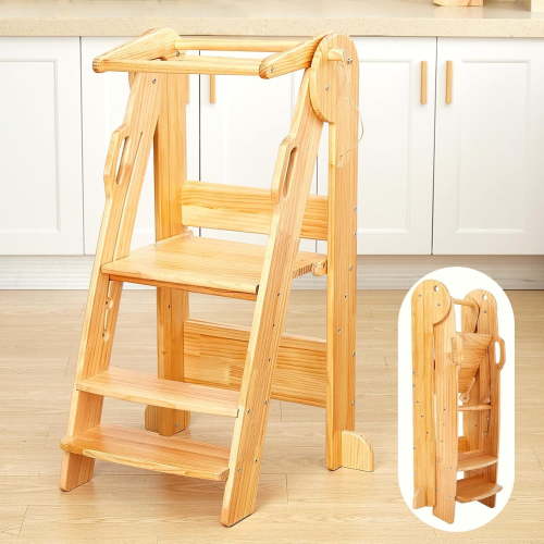 FUNLIO Foldable Toddler Tower , 3-Level Height Adjustable Wood Kitchen Tower