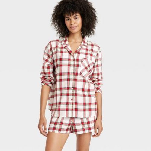 Women's Plaid Flannel Long Sleeve Top And Shorts Pajama Set - Auden™ Cream S