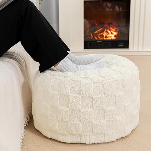 Round Pouf Ottoman Boho Poof Home Decor Floor Pouffe Ottoman Foot Rest for Couch Sofa Bean Bag Chairs Living Room Bedroom 20" x 20" x 14"Inches (Ivory Checkered Pouf with Filler)
