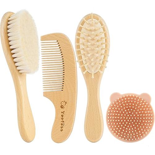 Yoofoss 4 Piece Baby Hair Brush and Comb Set for Newborn and Toddler, Wooden Baby Hair Brush with Natural Ultra Soft Goat Hair, Baby Comb Set for Boy, Girl, Cradle Cap Brush for Babies
