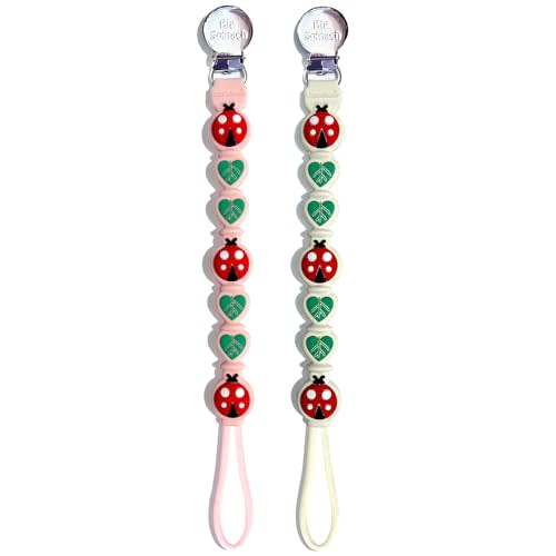 BIGSPINACH 2 Pack Silicone Pacifier Clips for Baby Boys – Food Grade One-Piece Strap with Cord & Stainless Clip – Teether Holder for Baby – Cute Ladybug & Leaf Design – BPA-Free(Beige+Pink)