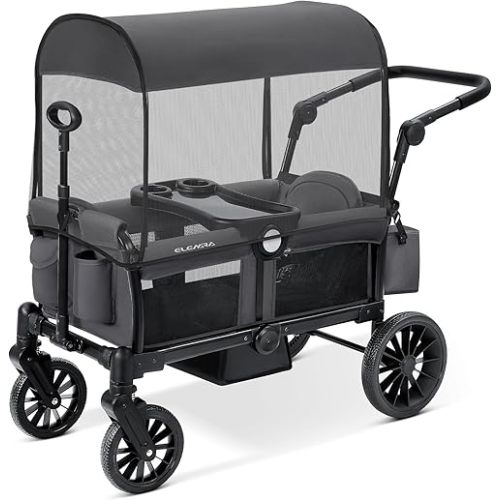 ELEMARA Foldable Wagon Stroller, Stroller Wagon for 2 Kids, Premium All Terrain Wagon for Kids with Removable Canopy, Adjustable Push/Pull Handle, Harnesses, Large Storage Bag