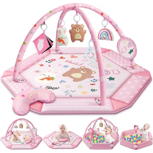Baby Gym Play Mat, 8-in-1 Tummy Time Mat & Ball Pit with 6 Toys, Washable Baby Activity Mat for Visual, Hearing, Sensory, Motor Development, Baby Gift for Newborn Infant 0-3-6-9-12 Months (Pink)