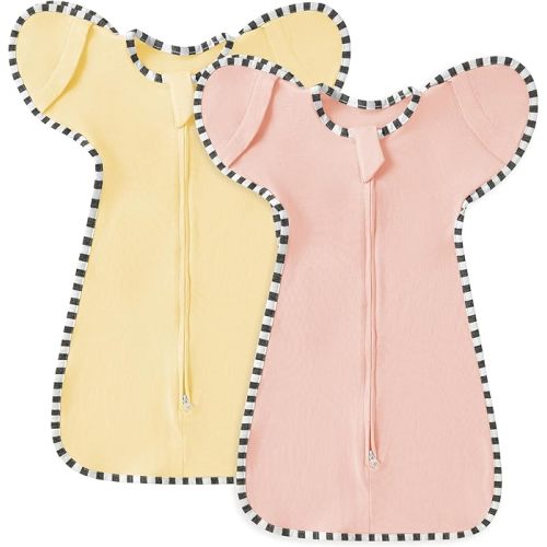 Manta de algodón suave, saco de dormir de transición con brazos para bebé, saco de dormir para niños y niñas (rosa + beige, M (3-6 meses))