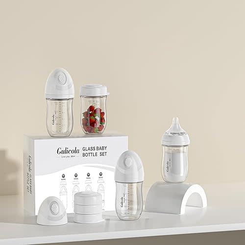 Natural Glass Baby Bottle 4 Pack, Newborn Breastfeeding Bottles Set, Extra Slow Flow Nipples (SS), Anti Colic, 0 Months+, 5 oz - White