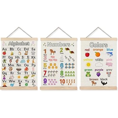Numbers Alphabet Colors Poster Hanger Frame Set of 3, Animal ABC Poster Wall Art with Wooden Frames, Alphabet Banner Wall Hanging Decor for Toddler Room Playroom, Nursery Wall Decor12x16 Inch-360