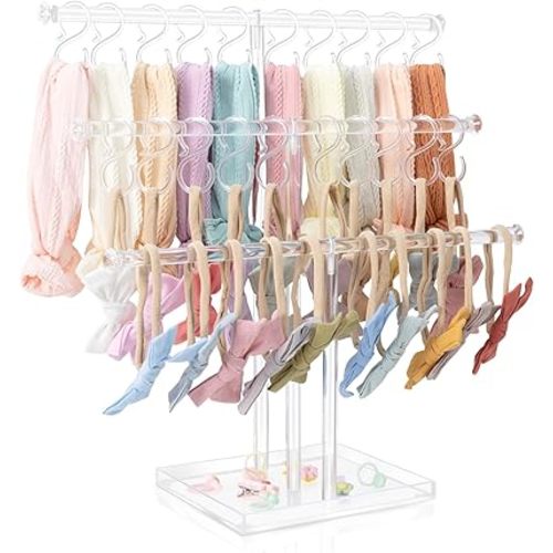 POVETIRE Headband Holder Stand Storage for Baby, 3 Tier Wooden Bow Organizer for Girls Hair Bows, Infant Hair Accessories Rack Display for Nursery Decor