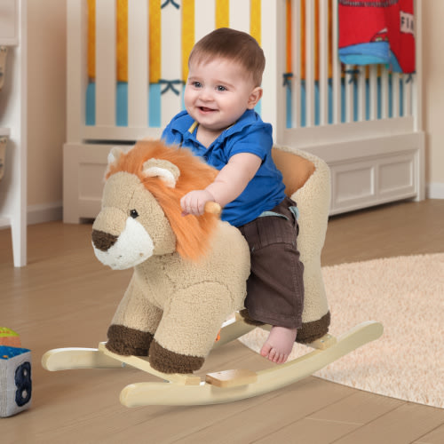 Qaba Baby Rocking Horse Lion with Sound, Plush Stuffed Rocking Animals, Wooden Rocking Horse with Seat Belt for 18-36 Months Boys and Girls Gift Brown