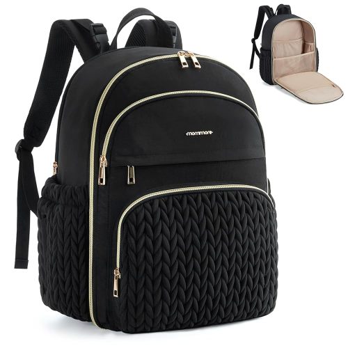mommore Diaper Bag Backpack Large Baby Bag with Insulated Pockets, Laptop Sleeve Stroller Buckles, Quilted Travel Diaper Backpack with Luggage Strap