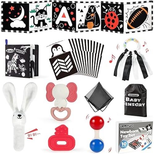URMYWO 10 Pcs High Contrast Black and White Baby Toys for Newborn - Tummy Time Mirror - Rattle - Teether - Visual Stimulation Learning Cards - Sensory Baby Toys for 0-6 Months - Baby Boy Girl Gifts