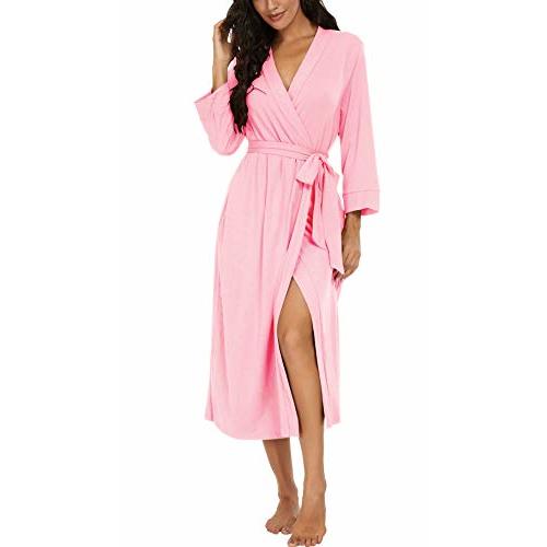 VINTATRE Robes for Women Long Knit Bathrobe XS-4XL | 3/4 Sleeve Bathrobes with Pockets, Stretchy and Lightweight Fabric, Inner Tie and Fixed Outer Belt, Mid Calf Length