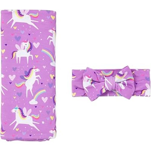 Little Sleepies Swaddle & Headband Bow Set, Viscose from Bamboo Baby Swaddles, Newborn Baby Girl Clothes (Sienna's Unicorns)