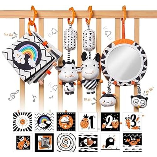 TUMAMA Black and White Baby Toys, High Contrast Baby Tummy Time Toys, Newborn Soft Books Mirror Rattles, Montessori Sensory Toys 0-12 Months, Hanging Infant Toys for Carseat Stroller Play Mat Crib