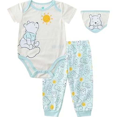 DISNEY Winnie the Pooh Baby Short Sleeve Bodysuit with Bib and Pants 3 Pack Set