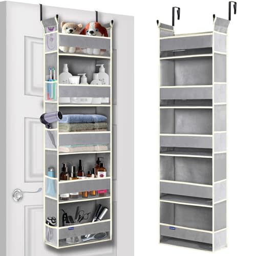roomtalk Over The Door Hanging Organizer 5-Shelves and 10 Side Pockets, Over The Door Storage for Bathroom and Bedroom, Back of Door Organizers for Baby Accessories and Toys (13"x5"x44", Grey)