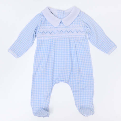 Mini Checks Smocked Footie - Blue