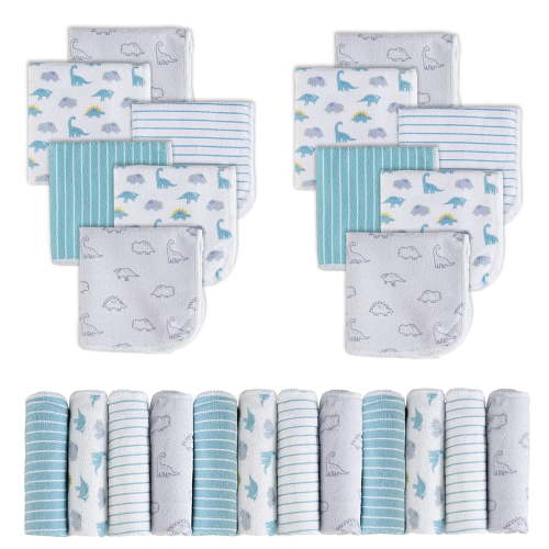 "Viviland 24-Pack Soft Baby Washcloths, Unisex, Super Absorbent, Gentle on Skin, 9""x 9"", Dinosaur Pattern"