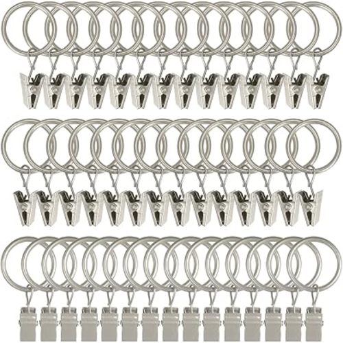 WeeksEight 44 Pack Matte Silver Curtain Rings with Clips, Curtain Hooks Hangers Clip Rings for Hanging Drapes Bows Hat, Drapery Rings 1 in I D, Fits up to 5/8 in Diameter Curtain Rod.