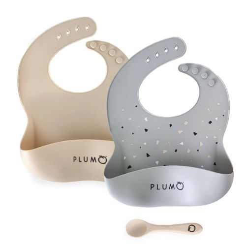 Plum Silicone Bib & Spoon Set 3 Piece Grey/Sand