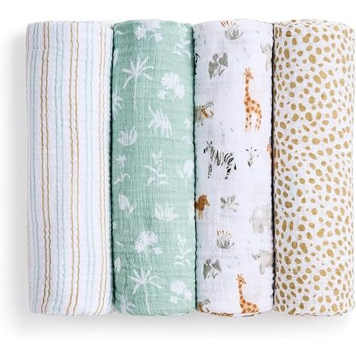 aden + anais Essentials Cotton Muslin Swaddle, Breathable Baby Blanket, Ideal for Boys, Girls, Newborns, Babies & Infants, Receiving Blanket, Soft and Lightweight Wrap, 4 Pack, Giraffe Safari