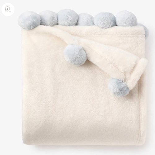 Pale Blue Pom Trim Fleece Baby Stroller Blanket