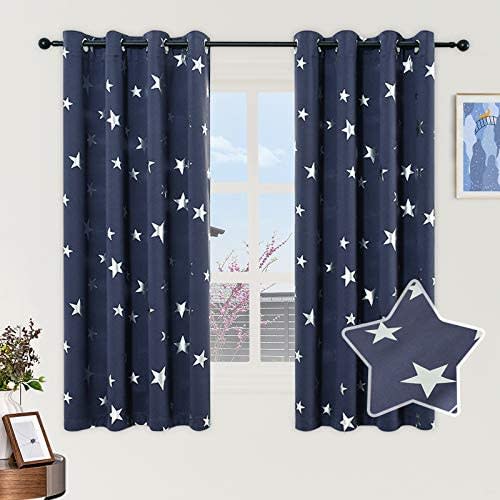Lofus Blackout Curtains for Kids Room with Cute Shiny Star Pattern, Grommet Top Window Drapes Protect Privacy 38x45 Inches, Navy Blue
