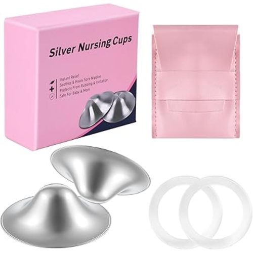 The Original Silver Nursing Cups - 925 Silver Nipple Covers Breastfeeding - Protect and Soothe Sore Nipples - Breastfeeding Essentials Silver Nipple Guards with Soft Silicone Ring (Large)