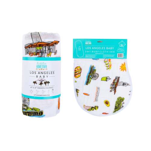 Gift Set: Los Angeles Baby Muslin Swaddle Blanket and Burp Cloth/Bib Combo