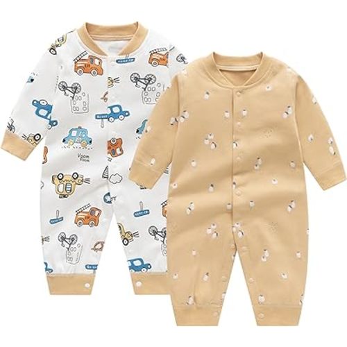 Newborn Baby Boys 2 Pack Cotton Romper Outfits Infant Long Sleeve One-Piece Toddler Button Jumpsuits