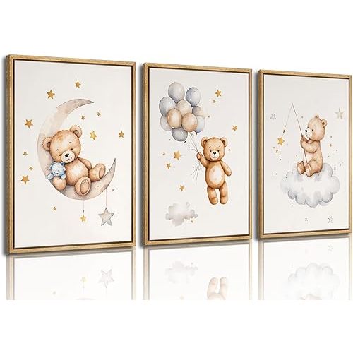 3Pcs Teddy Bear Nursery Wall Art Bear Sleeping on The Moon and Stars Wall Decor Pictures Balloon Cloud Neutral Canvas Poster Prints for Kids Baby Room Kindergarten Home Decoration 12x16in Unframed