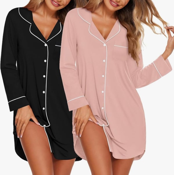 Ekouaer 2 Pack Nightgowns for Women Long Sleeve Night Shirt Button Down Sleep Shirt V-Neck Sleep Dress Pajama Sleepwear