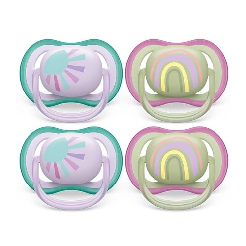 Philips Avent Ultra Air Pacifier - 4 x Light, Breathable Baby Pacifiers for Babies Aged 0-6 Months, BPA Free with Sterilizer Carry Case, SCF085/51 - Lilac Sun / Green Rainbow