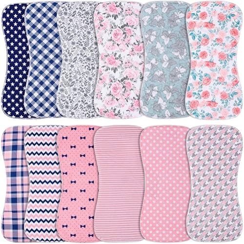Baby Burp Cloths & Baby Bibs 2-in-1 Design Large Size 3 Layers Thicken 100% Cotton Super Absorbent and Soft Baby Spit Up Burping Rags Baby Burp Cloth Set for Girls 12 Pack
