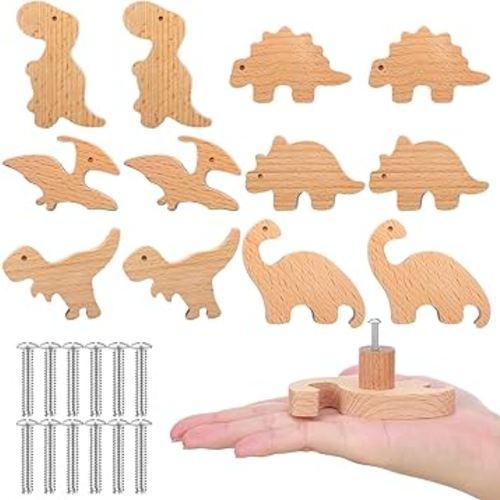 Qunclay Wooden Animal Cabinet Knobs Decorative Wood Dresser Knobs with Screws Dresser Pulls Wood Marine Woodland Animals Knobs Furniture Knobs Nursery Drawer Handles for Decor (Dinosaur,12 Sets)