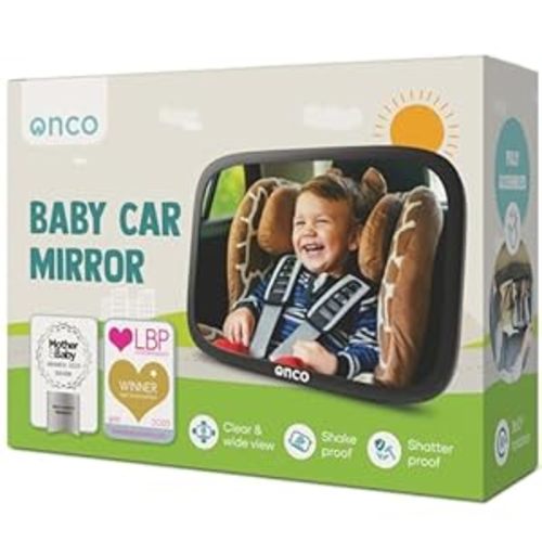 Onco Baby Car Mirror Rear Facing - Double Award-Winning Convex Car Mirror for Baby, 100% Shatterproof & Shakeproof with 360° Rotation, Newborn Essentials (9.6 x 6.9 in)